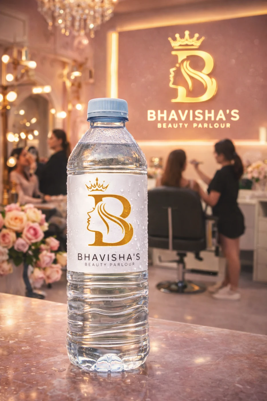 Custom branded water bottle for Bhavisha's Beauty Parlour